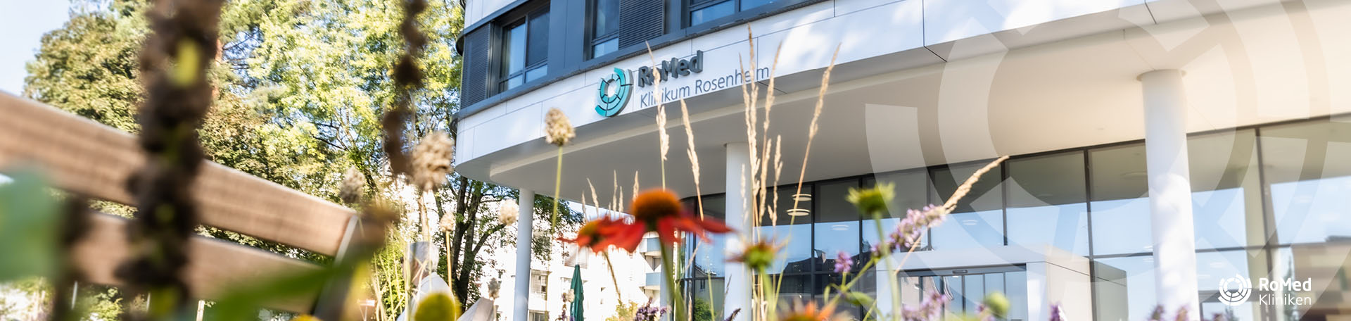 Außenansicht des RoMed Klinikums Rosenheim, ein modernes Krankenhausgebäude bei sonnigem Wetter, mit Pflanzen im Vordergrund